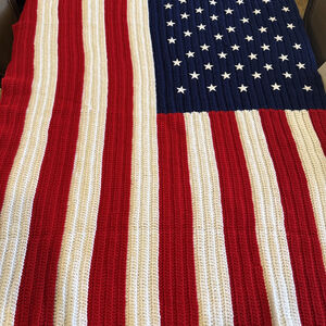 Crocheted American Flag Afgan Blanket Patriotic July 4th Red White Blue 48x54